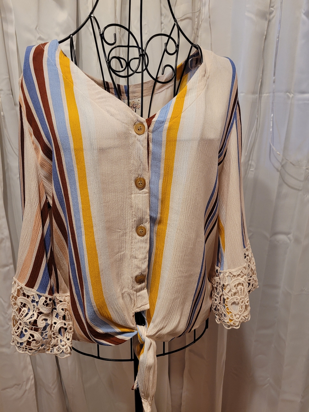 Self Esteem Striped Tie-Front Blouse in Beige, Blue, Yellow & Brown